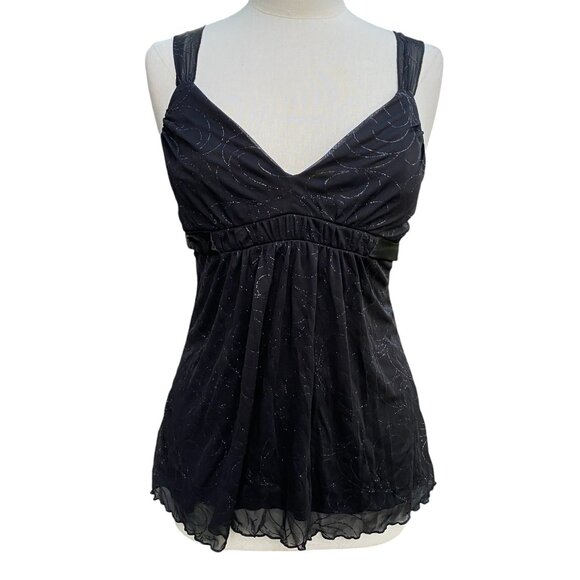 Y2K Babydoll Sheer Mesh Whimsigoth Tank Top Black Shimmer Dark Fairy Grunge-M - Picture 2 of 16